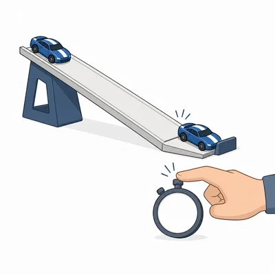 A toy car reaches the bottom of a ramp while the stopwatch is pressed late.