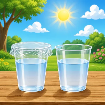 Two equal cups of water outside, one covered and one open.