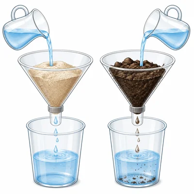 Water passing through sand and garden soil in matching funnels.