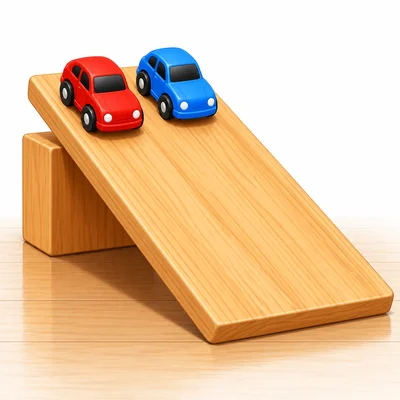Two toy cars on the same ramp for a rolling test.