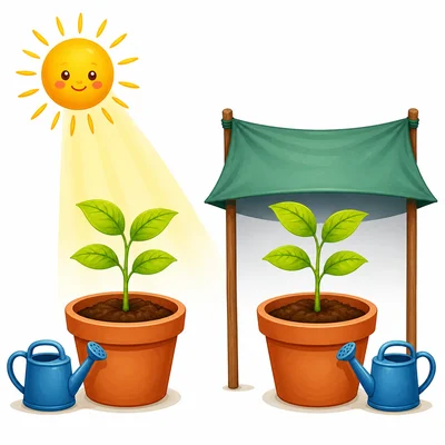 Two matching plants, one in sunlight and one in shade.