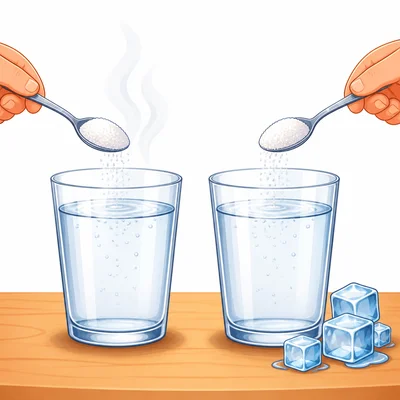 Warm and cold water cups being tested with equal sugar.