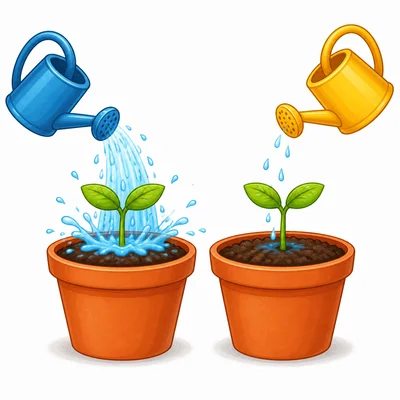 Two matching seedlings with different amounts of water.