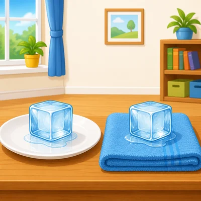 Matching ice cubes melting on a plate and a towel.