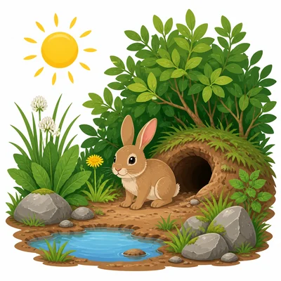 A rabbit in a habitat with plants, water, and shelter.