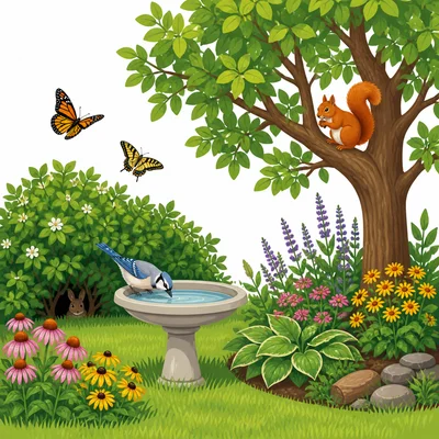 A backyard with water, flowers, trees, and wildlife.