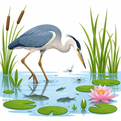 A long-legged bird hunting in shallow wetland water.