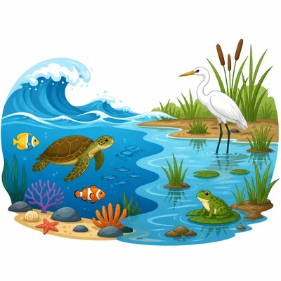 Ocean and wetland habitats both showing water and animals.