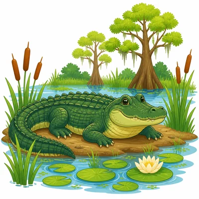 An alligator in a wetland with reeds and shallow water.
