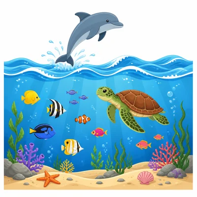 Ocean habitat with a dolphin, sea turtle, and fish.