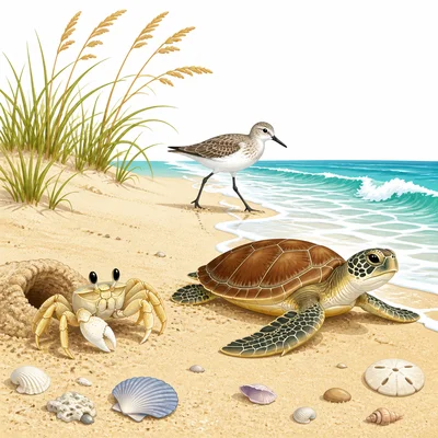 Beach animals including a ghost crab, sea turtle, and shorebird.