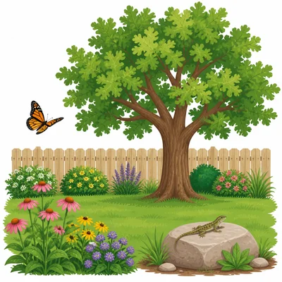 A backyard habitat with a butterfly, lizard, oak tree, and grass.