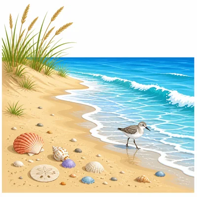 A sandy beach with shells, waves, and a shorebird.