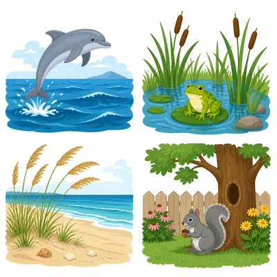Dolphin, frog, sea oats, and squirrel shown in their habitats.