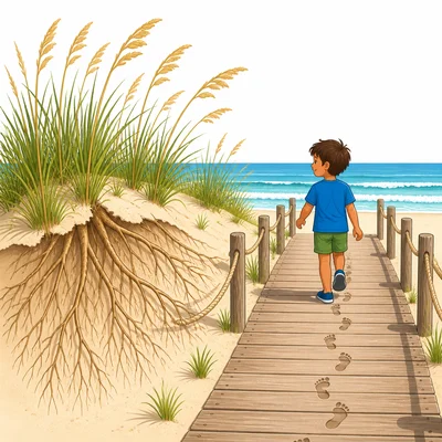 A beach dune with sea oats and a child staying on a boardwalk.