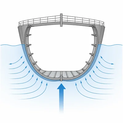 A hollow ship hull floating by displacing water with an upward buoyant force.