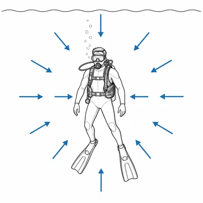 A diver underwater with pressure arrows acting inward at depth.