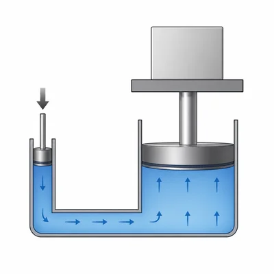 A hydraulic lift with a small piston pushing fluid to raise a large piston.
