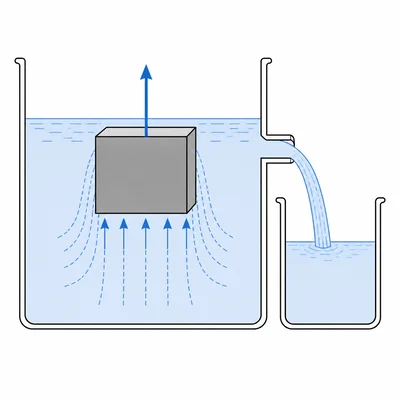 An object displacing water in an overflow container with an upward buoyant force arrow.