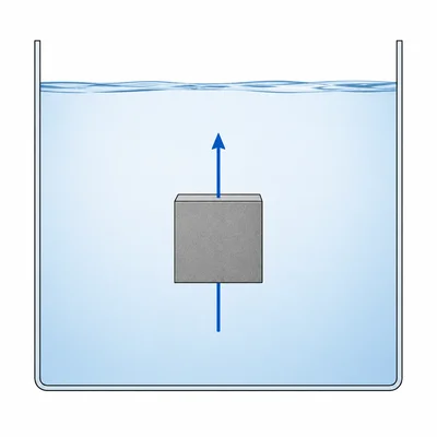 A fully submerged block in water with an upward buoyant force arrow.