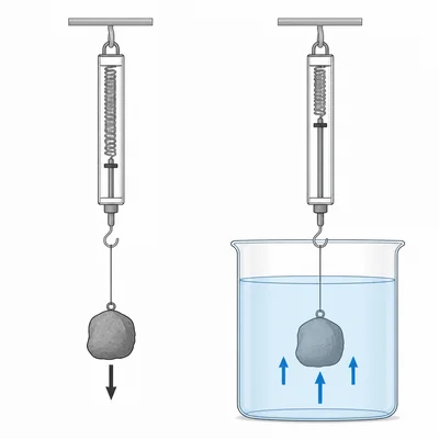An object weighed in air and then submerged in water showing buoyant force.