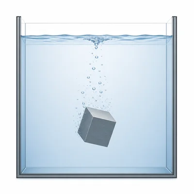 A dense metal cube sinking in a tank of water.