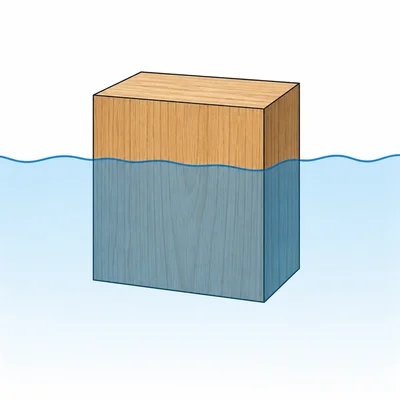 A wooden block floating with part above water and most of it submerged.