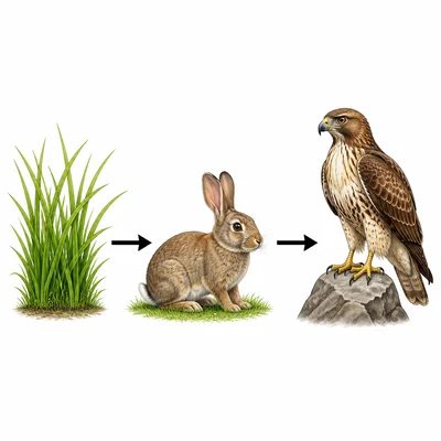Grassland food chain showing grass, rabbit, and hawk connected by arrows.