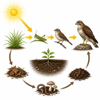 Diagram showing energy flowing one way while matter cycles through soil and organisms.