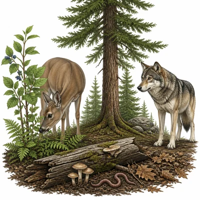 Forest scene with a plant, herbivore, carnivore, and decomposer.