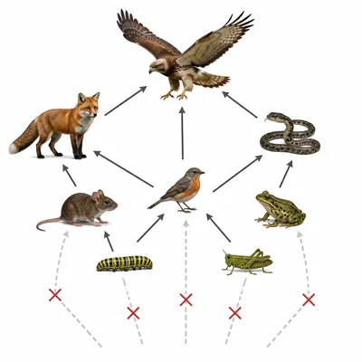 Food web with producers removed, causing animals to lose food connections.