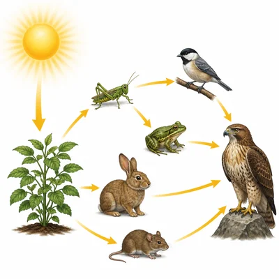 Sunlight flows to plants and then to animals in a simple food web.