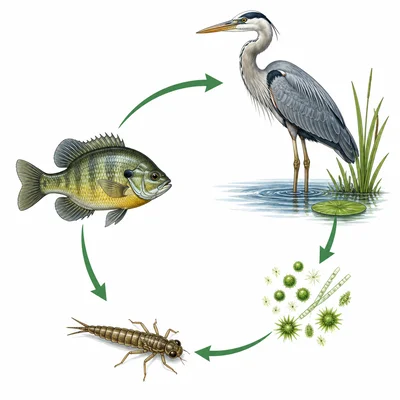 Pond food chain showing algae, insect larva, fish, and heron with arrows.