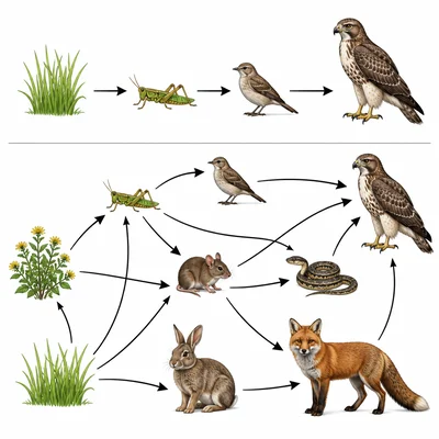 Comparison of a simple food chain and a more connected food web.