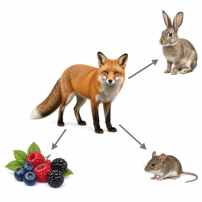 Fox connected by arrows to rabbits, mice, and berries as food sources.