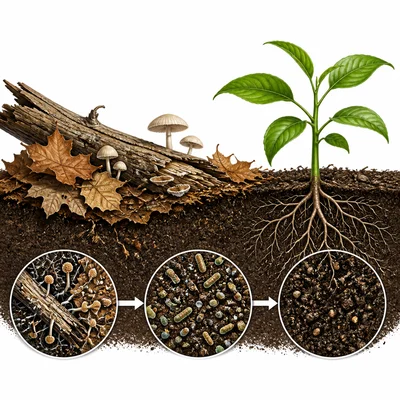 Fungi and bacteria break down dead leaves and a log, enriching soil for a plant.