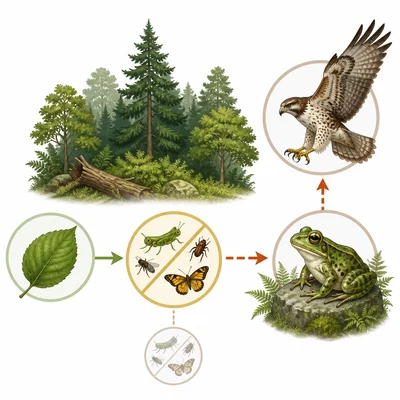 Forest food chain showing reduced insects affecting frogs and hawks.