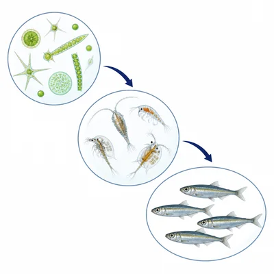 Ocean food chain showing phytoplankton, zooplankton, and small fish with arrows.