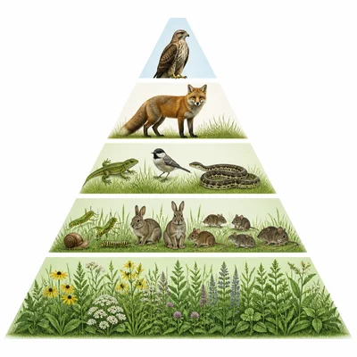 Energy pyramid with many plants at the bottom and fewer animals toward the top.