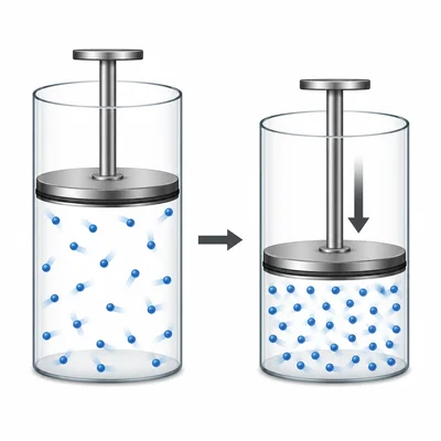 Two piston cylinders show gas compressed at constant temperature, with particles closer together after pressure increases.