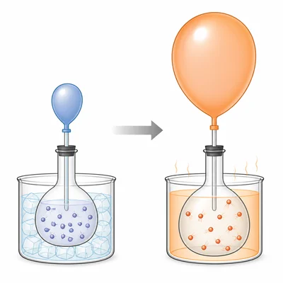 A cooler smaller balloon and a warmer larger balloon show gas volume increasing as temperature rises.