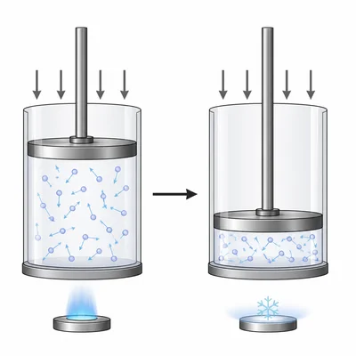 A piston cylinder shows gas volume decreasing when cooled at constant pressure.