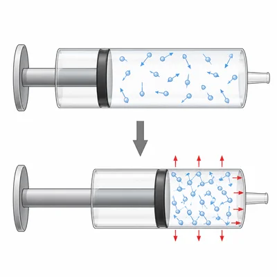 A syringe plunger compresses air, making the gas particles closer together and pressure higher.