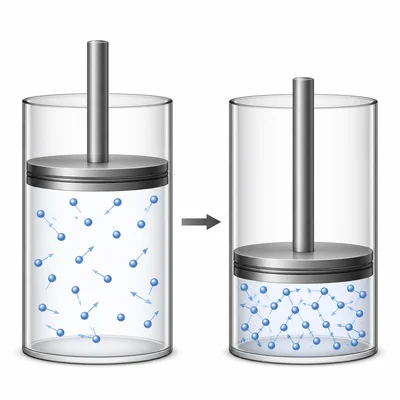 Two piston cylinders show a gas compressed to a smaller volume while temperature stays the same.