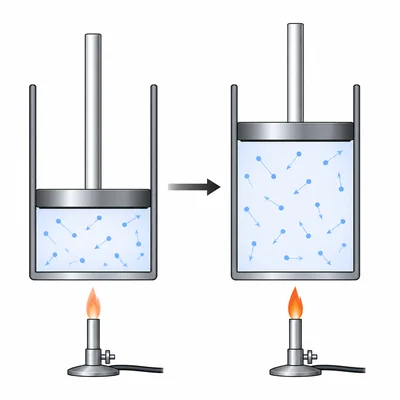 A piston cylinder shows gas expanding at constant pressure as temperature increases.