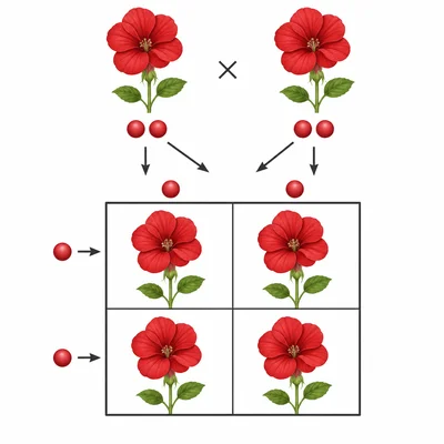 Punnett square model showing red-flowered offspring from red-flowered parents.