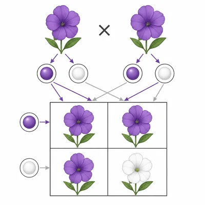 Punnett square model for two heterozygous purple-flowered plants.