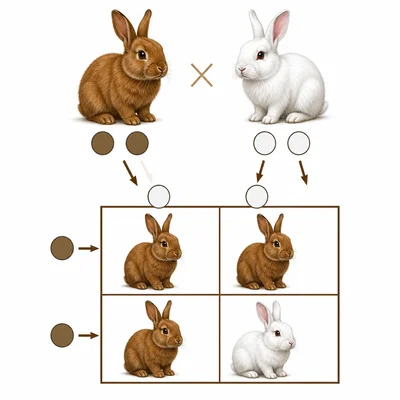 Punnett square model showing expected brown and white fur offspring.