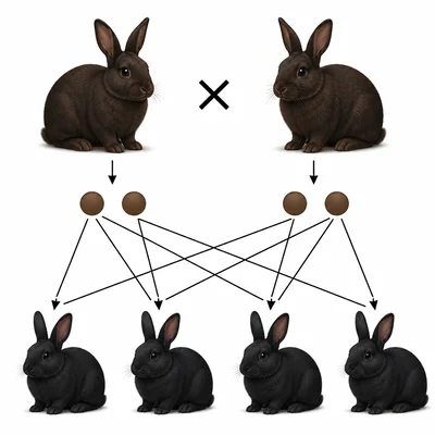 Rabbit fur-color cross showing black offspring from two homozygous parents.