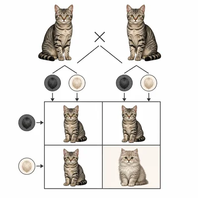 Punnett square model for two short-haired carrier cats producing a long-haired kitten possibility.